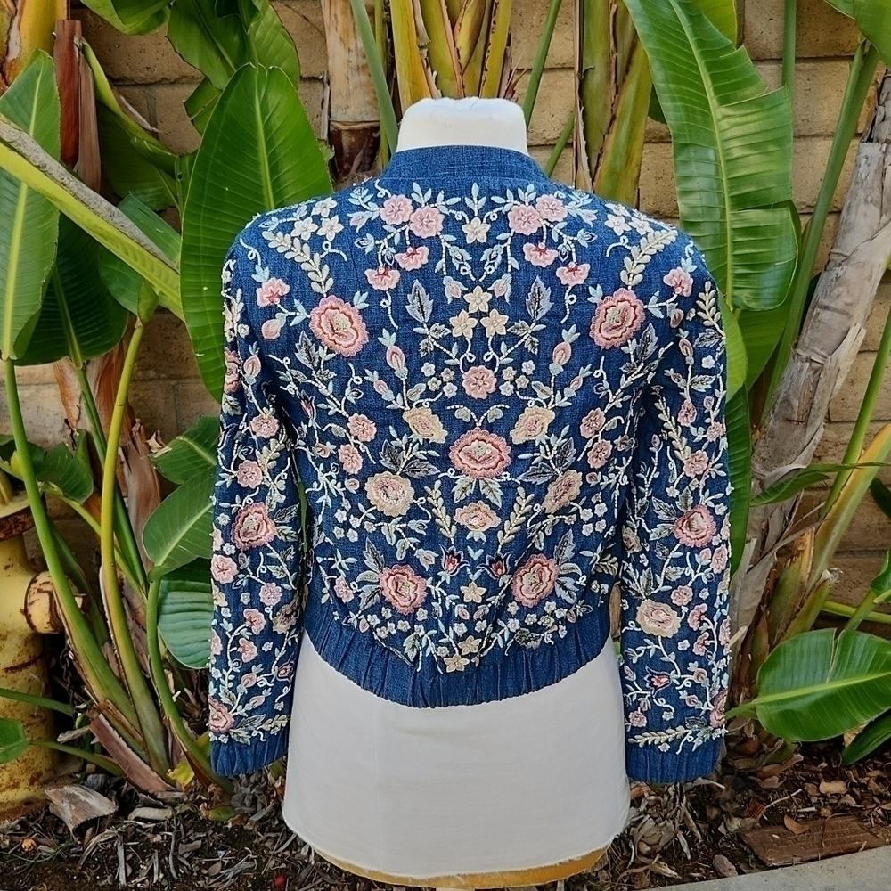 Needle & Thread Sundaze Floral Embroidered Denim Bomber Jacket 2 - Picture 5 of 13